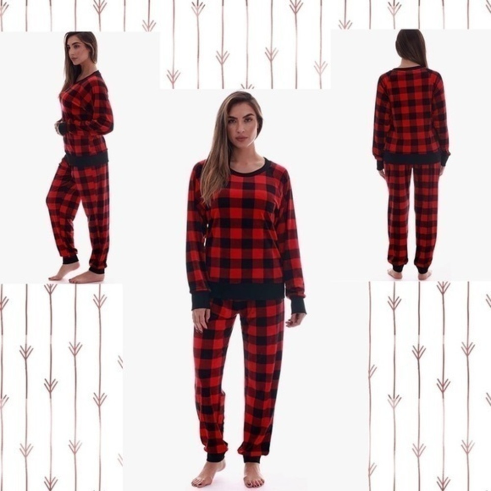 FollowMe Women's Red Jogger Pajama Pants Set Ultra-Soft Velour PJs